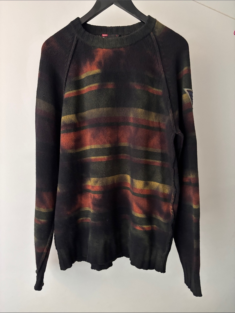Diesel Men’s L Wool Blend Striped Knit Sweater Dark Green Burgundy